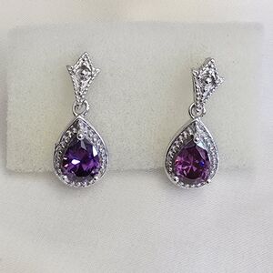 Amethyat CZ Silvertone Drop Earrings